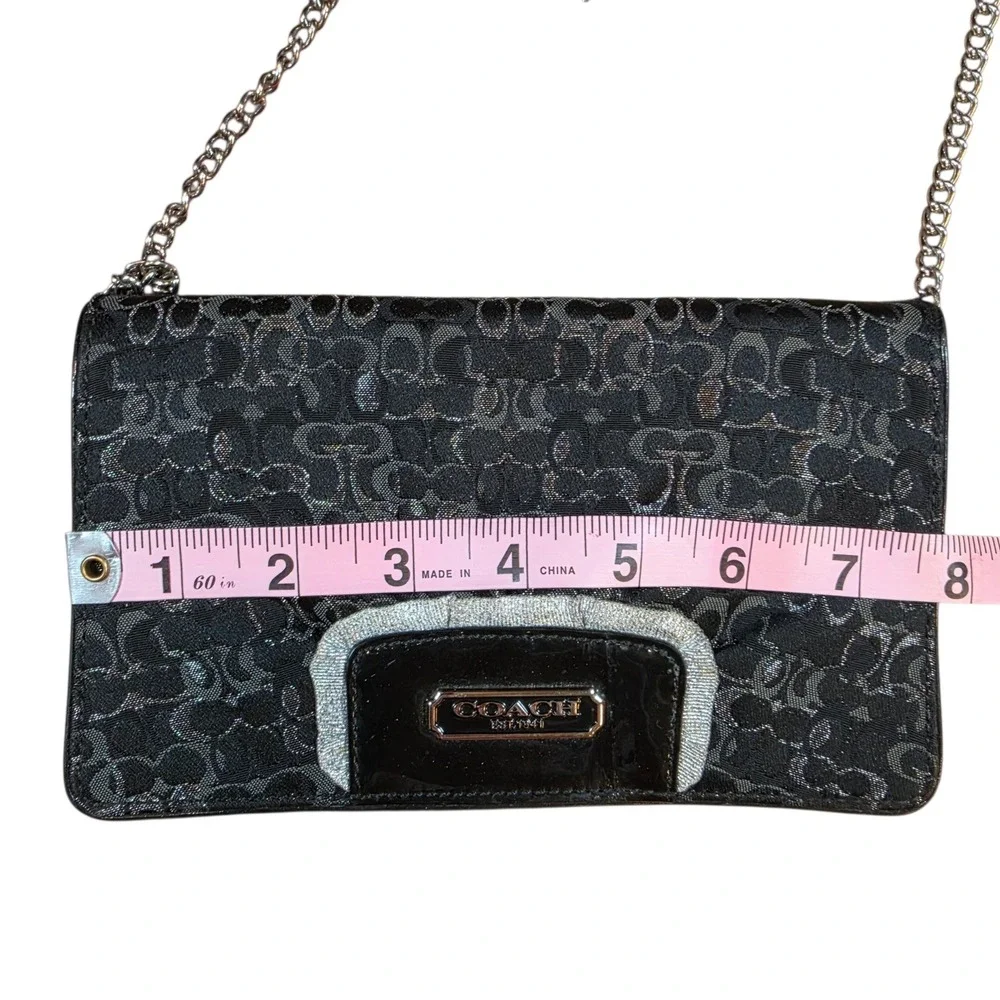 Vtg Coach Women Small Crossbody Clutch Black Silver Metallic Signature Jacquard